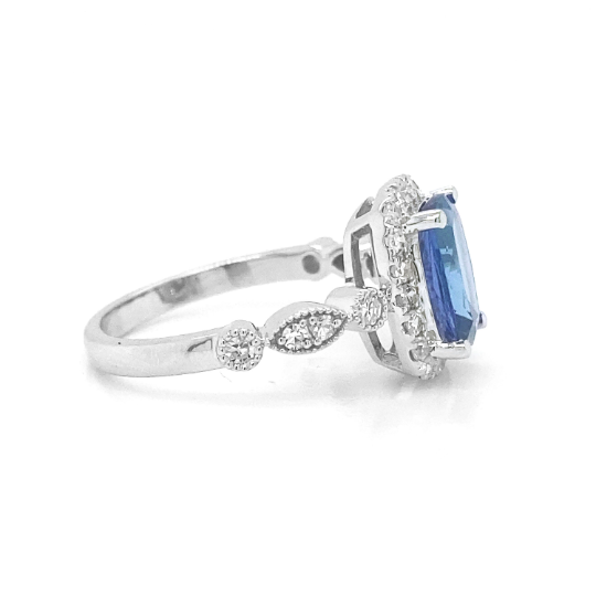 Natural Mined Tanzanite and Diamond Halo Art Deco Cocktail Ring White Gold