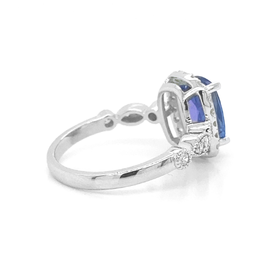 Natural Mined Tanzanite and Diamond Halo Art Deco Cocktail Ring White Gold