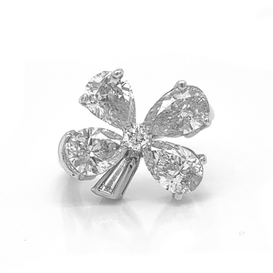 Natural Mined Pear Shaped Baguette, and Round Four Leaf Cocktail Ring Platinum