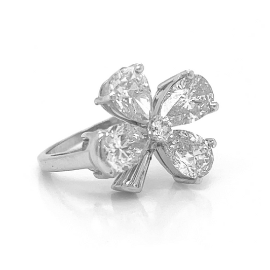 Natural Mined Pear Shaped Baguette, and Round Four Leaf Cocktail Ring Platinum