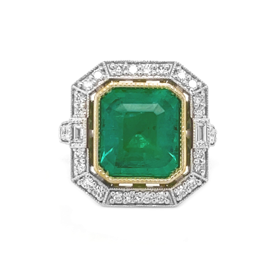 Natural Emerald and Diamond Halo Cocktail Bridal Ring, in White Gold