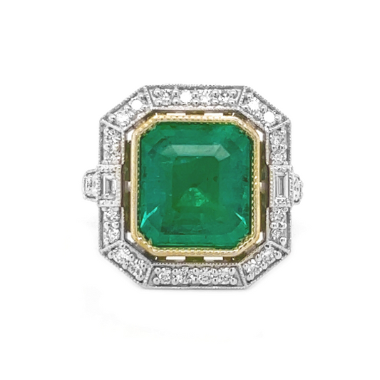 Natural Emerald and Diamond Halo Cocktail Bridal Ring, in White Gold