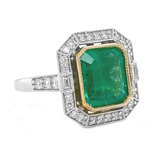 Natural Mined Emerald and Diamond Halo Cocktail Bridal Ring White Gold