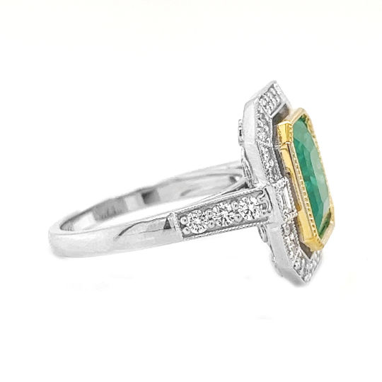 Natural Emerald and Diamond Halo Cocktail Bridal Ring, in White Gold