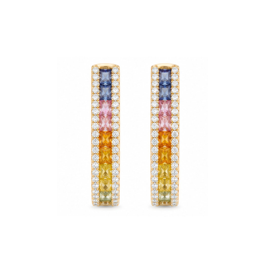 Natural Rainbow Sapphire and Diamonds Hoops Earrings, in Rose Gold - front