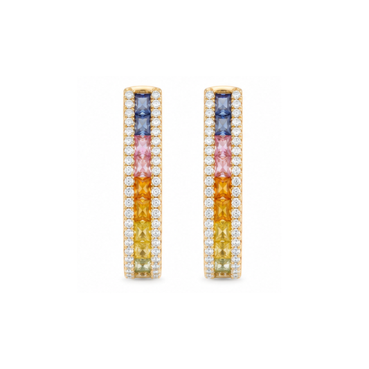 Natural Rainbow Sapphire and Diamonds Hoops Earrings, in Rose Gold - front