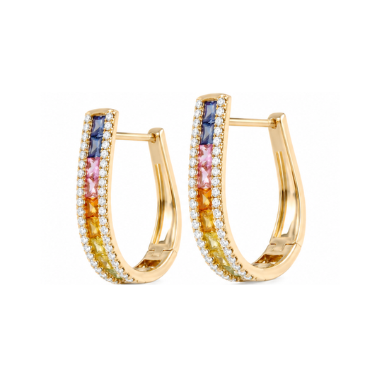 Natural Rainbow Sapphire and Diamonds Hoops Earrings, in Rose Gold - side