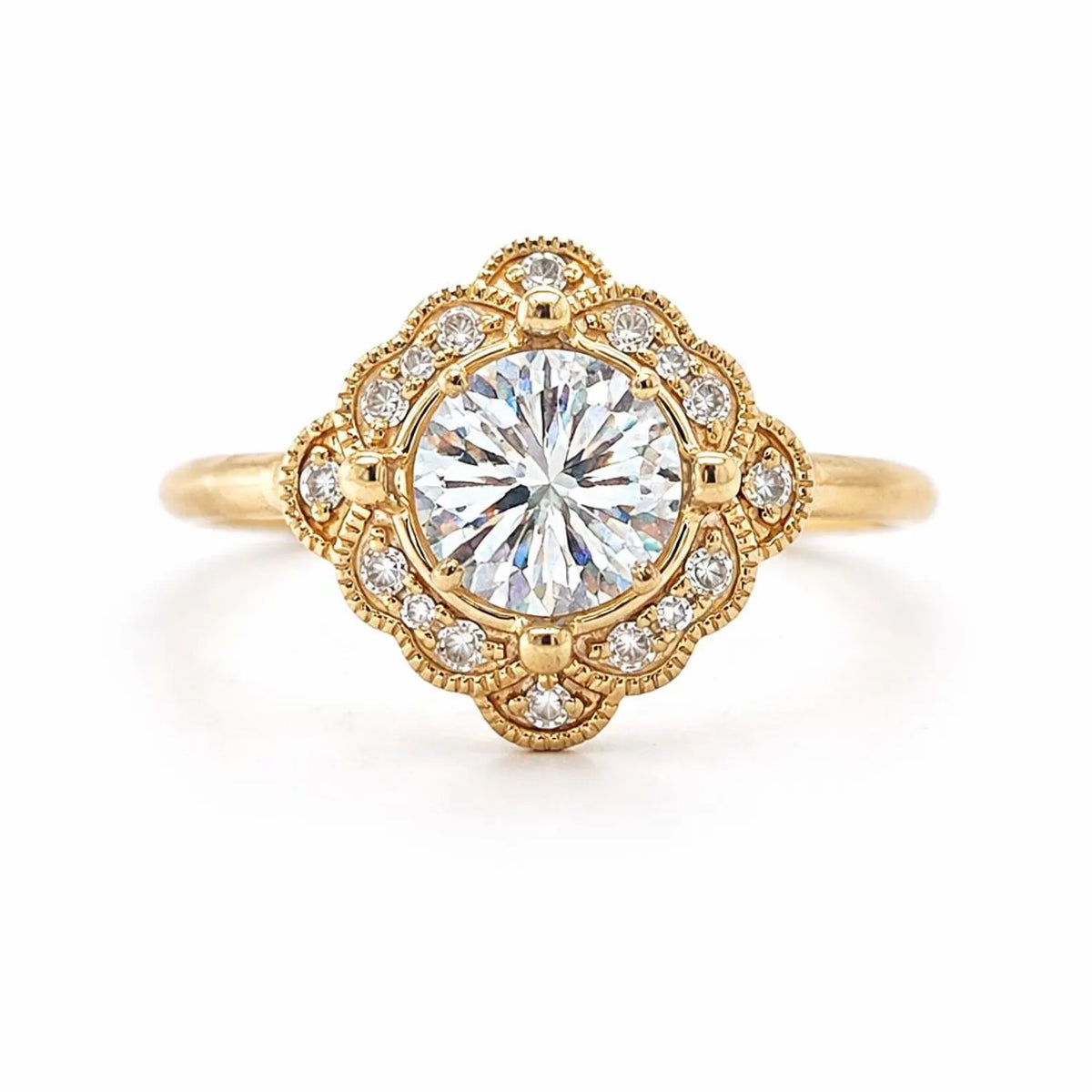 Semi-Mount with Natural Round Diamond Halo Art Deco Cocktail Ring, in Yellow Gold