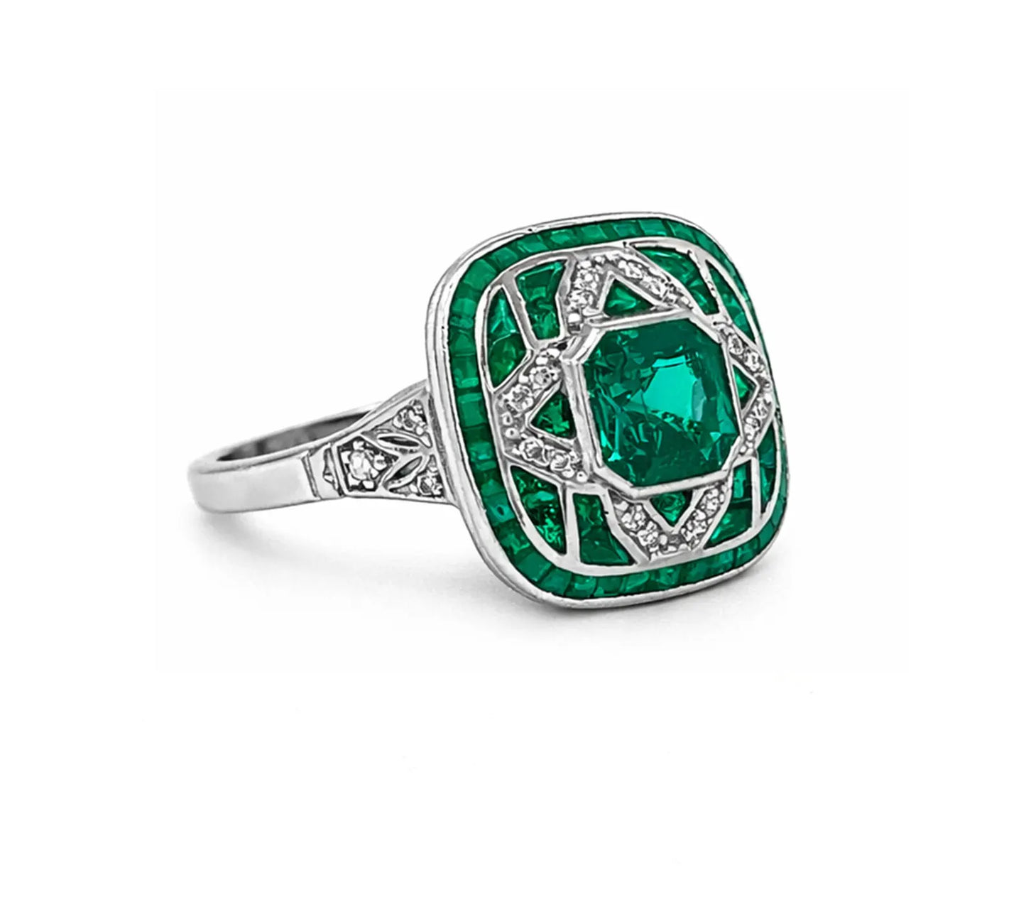 Natural Emerald Diamond Cocktail Art Deco Ring, in White Gold