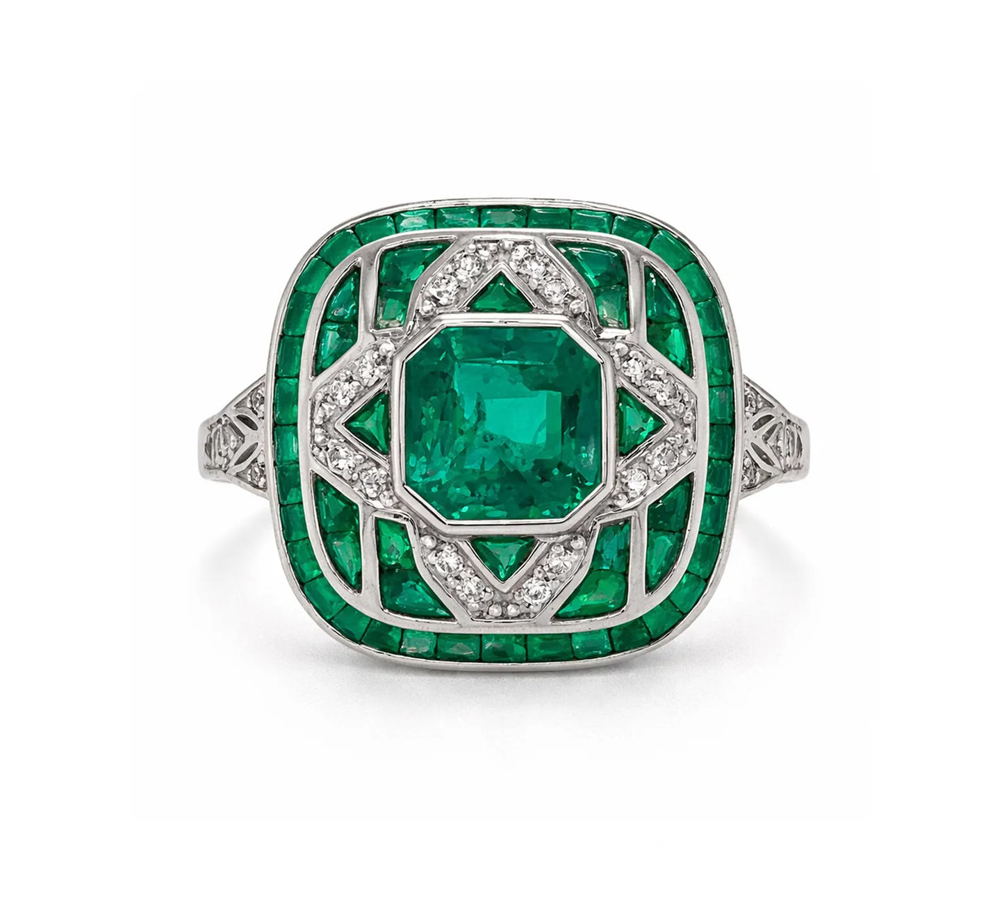 Natural Emerald Diamond Cocktail Art Deco Ring, in White Gold