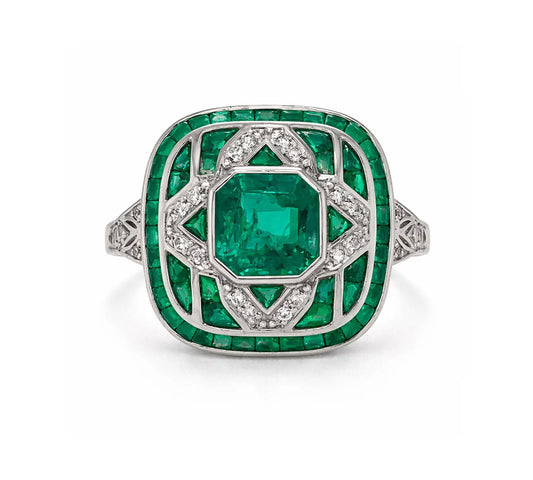 Natural Emerald Diamond Cocktail Art Deco Ring, in White Gold