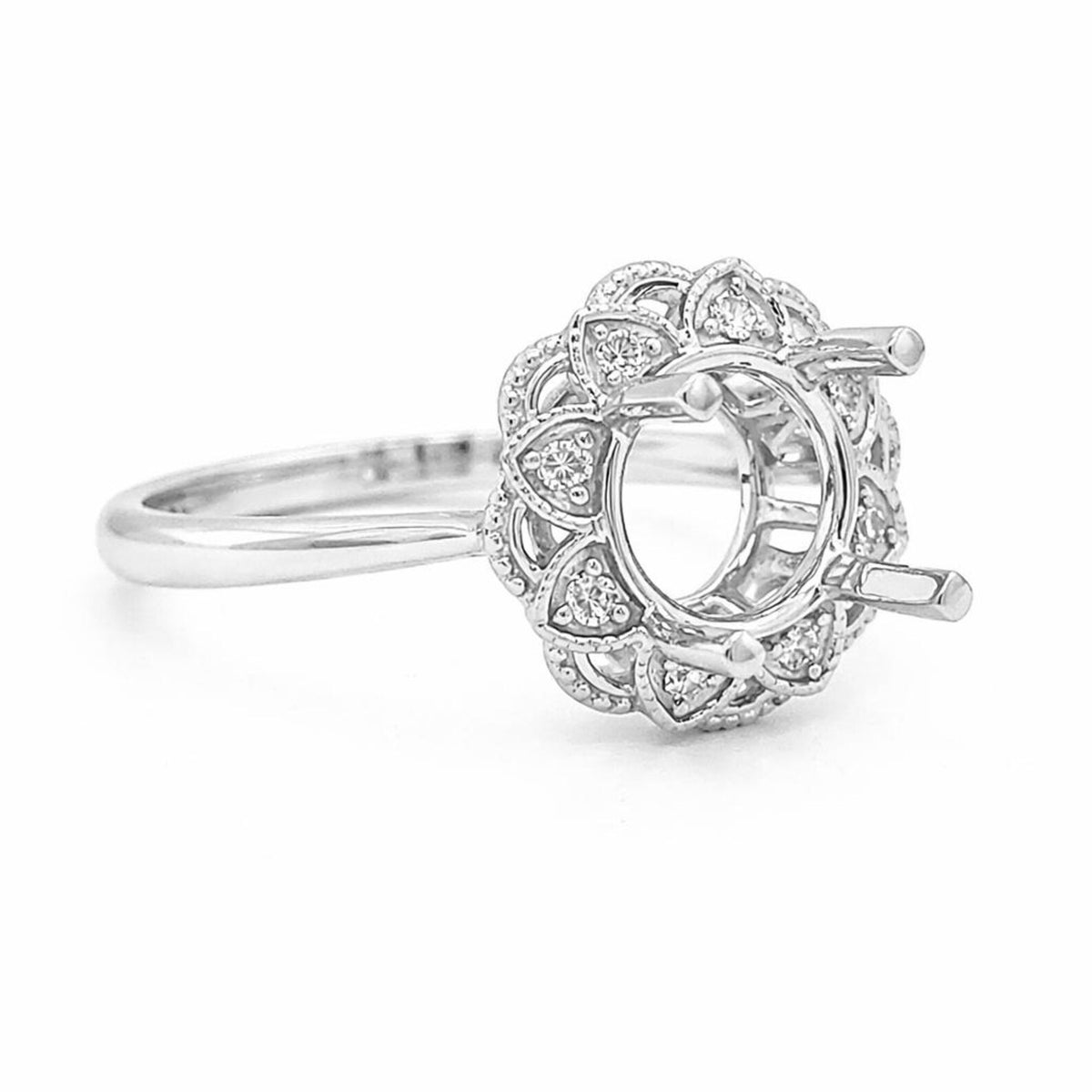 Semi-Mount Fits 7.5 mm with Natural Round Diamond Art Deco Halo Ring, in White Gold