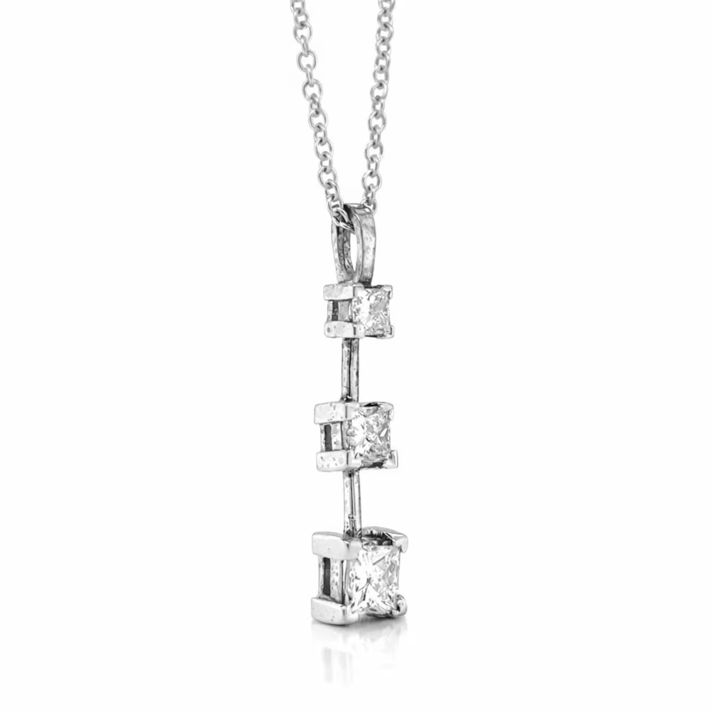 Natural Mined Princess Cut Diamond Three Stone Pendant, in White Gold