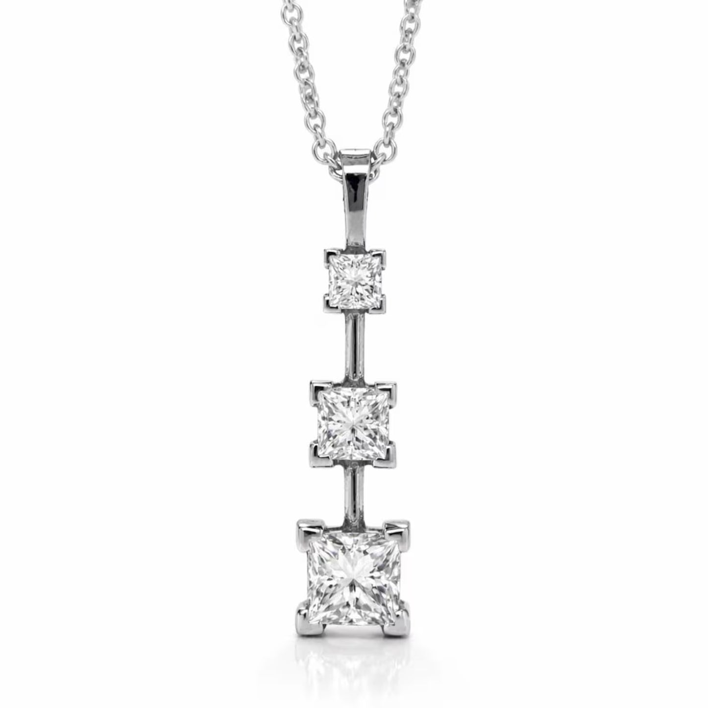 Natural Mined Princess Cut Diamond Three Stone Pendant, in White Gold