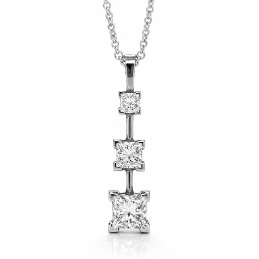 Natural Mined Princess Cut Diamond Three Stone Pendant, in White Gold