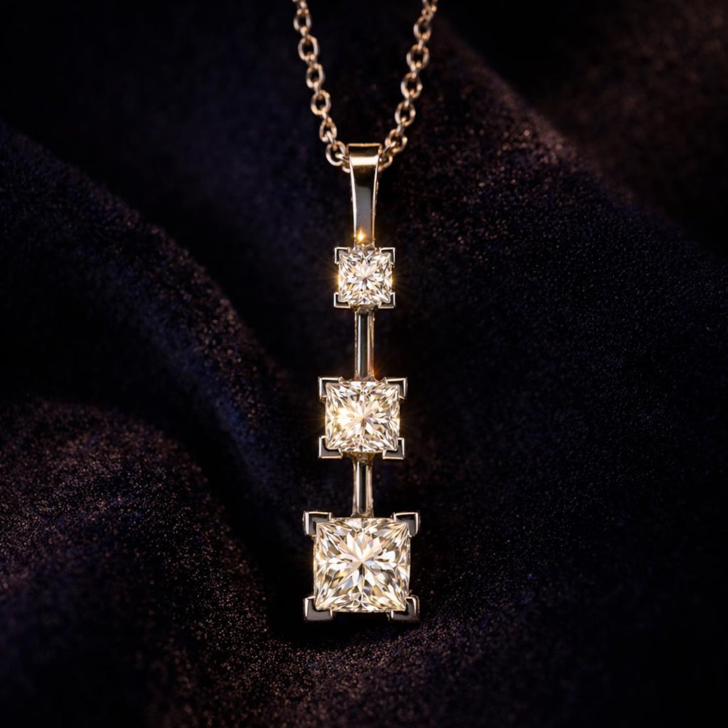Natural Mined Princess Cut Diamond Three Stone Pendant, in White Gold