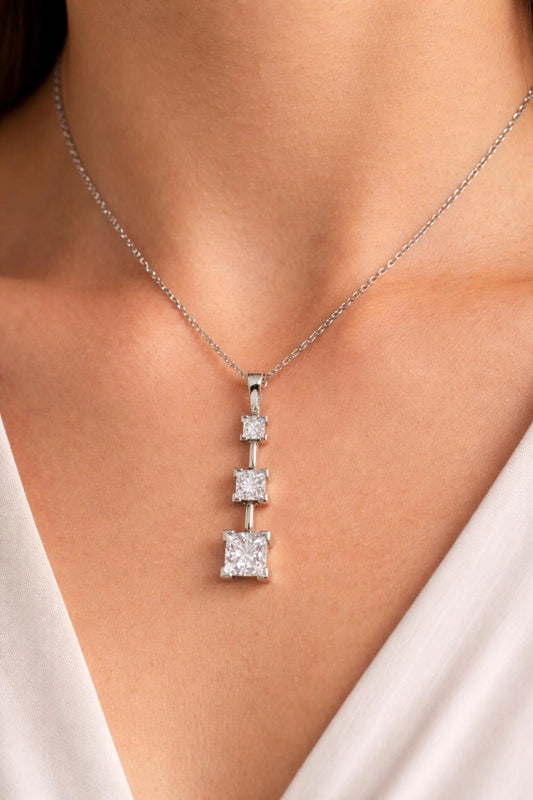 Natural Mined Princess Cut Diamond Three Stone Pendant, in White Gold