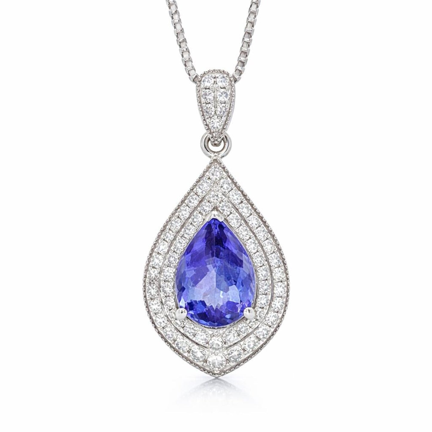 Natural Tanzanite and Diamond Halo Art Deco Cocktail Pendant, in White Gold