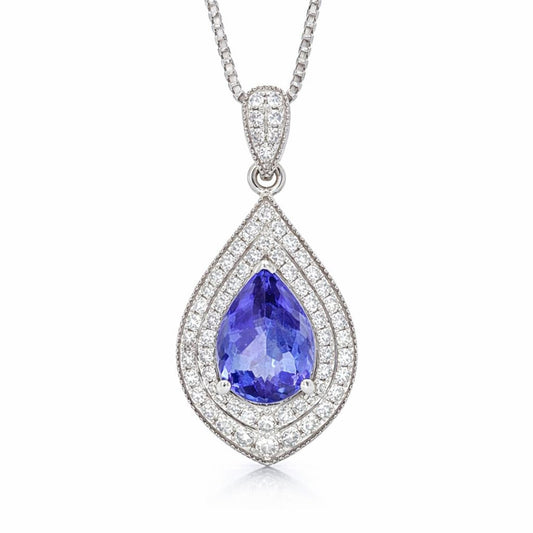 Natural Tanzanite and Diamond Halo Art Deco Cocktail Pendant, in White Gold