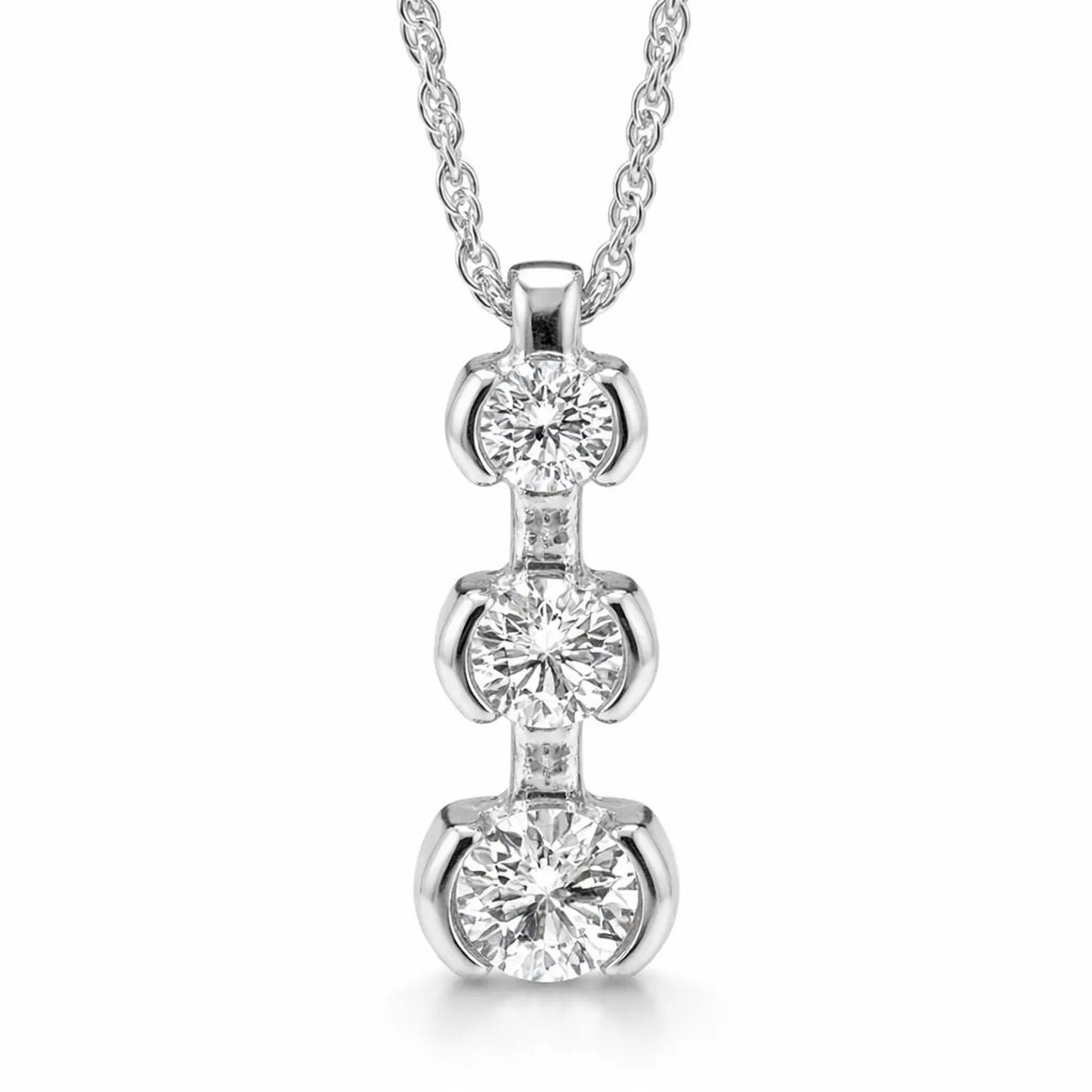 Natural Mined Round Diamond Three Stone Pendant Half Bezel, in White Gold