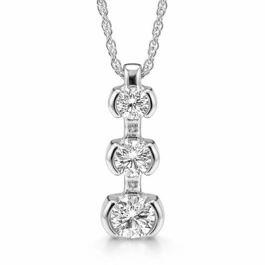 Natural Mined Round Diamond Three Stone Pendant Half Bezel, in White Gold
