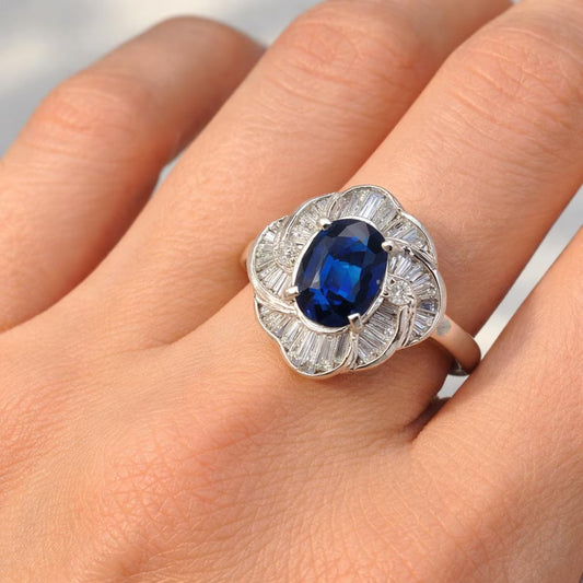 Natural Blue Sapphire Diamond Cluster Halo Cocktail Platinum Ring - Pre-owned