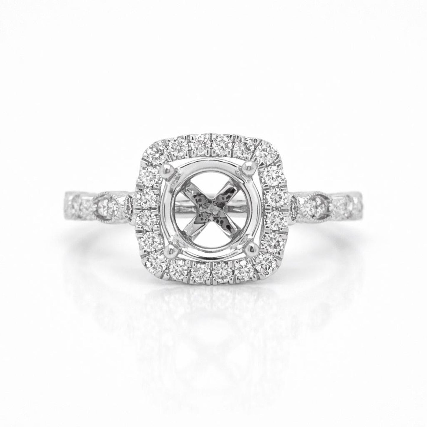 Semi-Mount Fits 6.5 mm with Natural Round Diamond Halo Ring, in White Gold