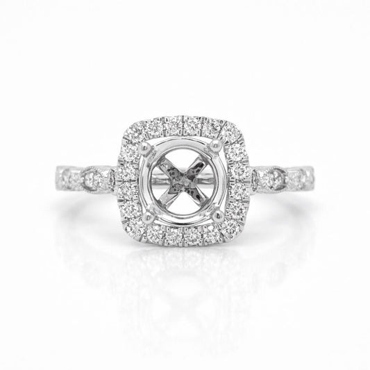 Semi-Mount Fits 6.5 mm with Natural Round Diamond Halo Ring, in White Gold