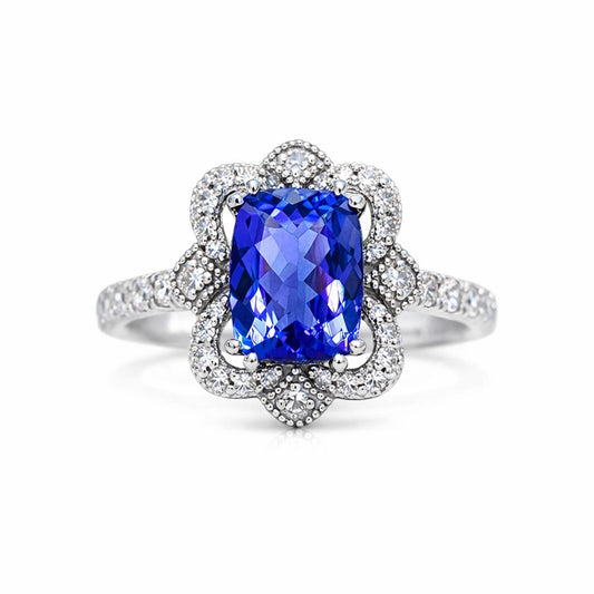 Natural Tanzanite and Diamond Art Deco Cocktail Ring, in White Gold