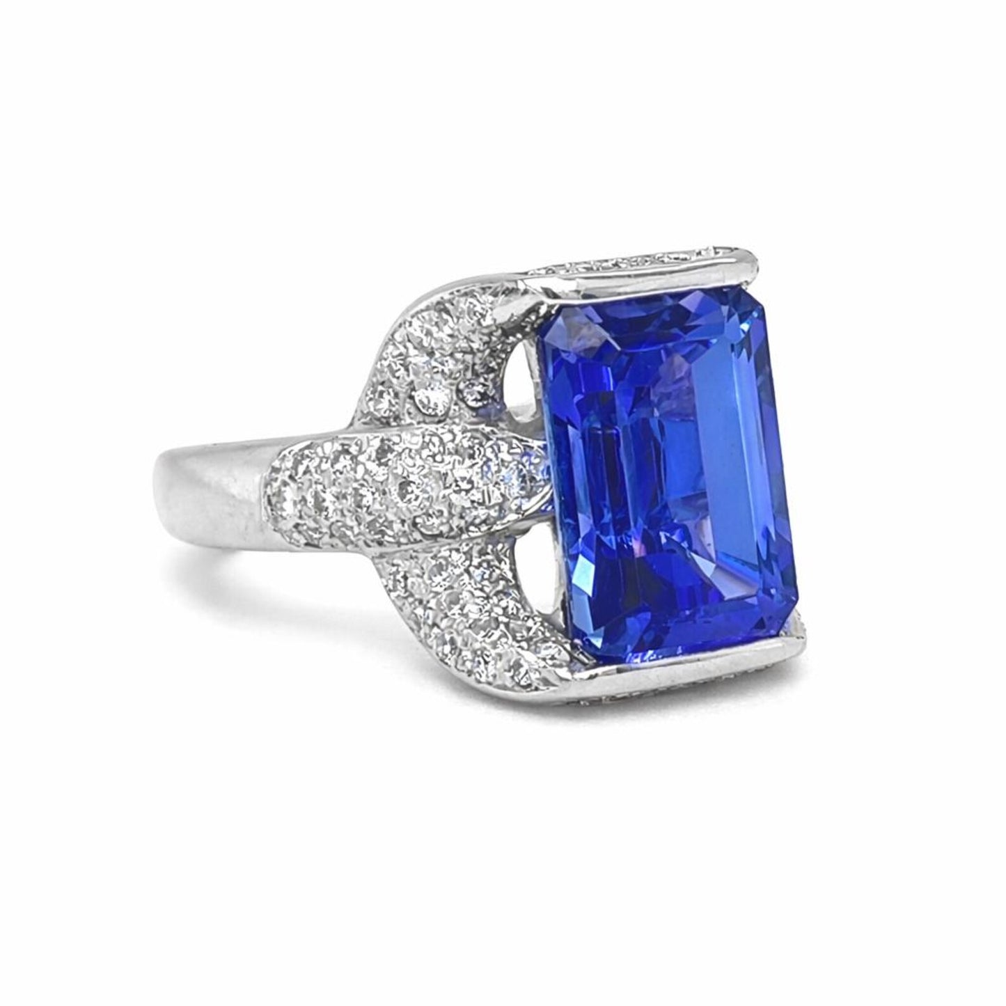 Natural Radiant Tanzanite and Diamond Halo Cocktail Platinum Ring