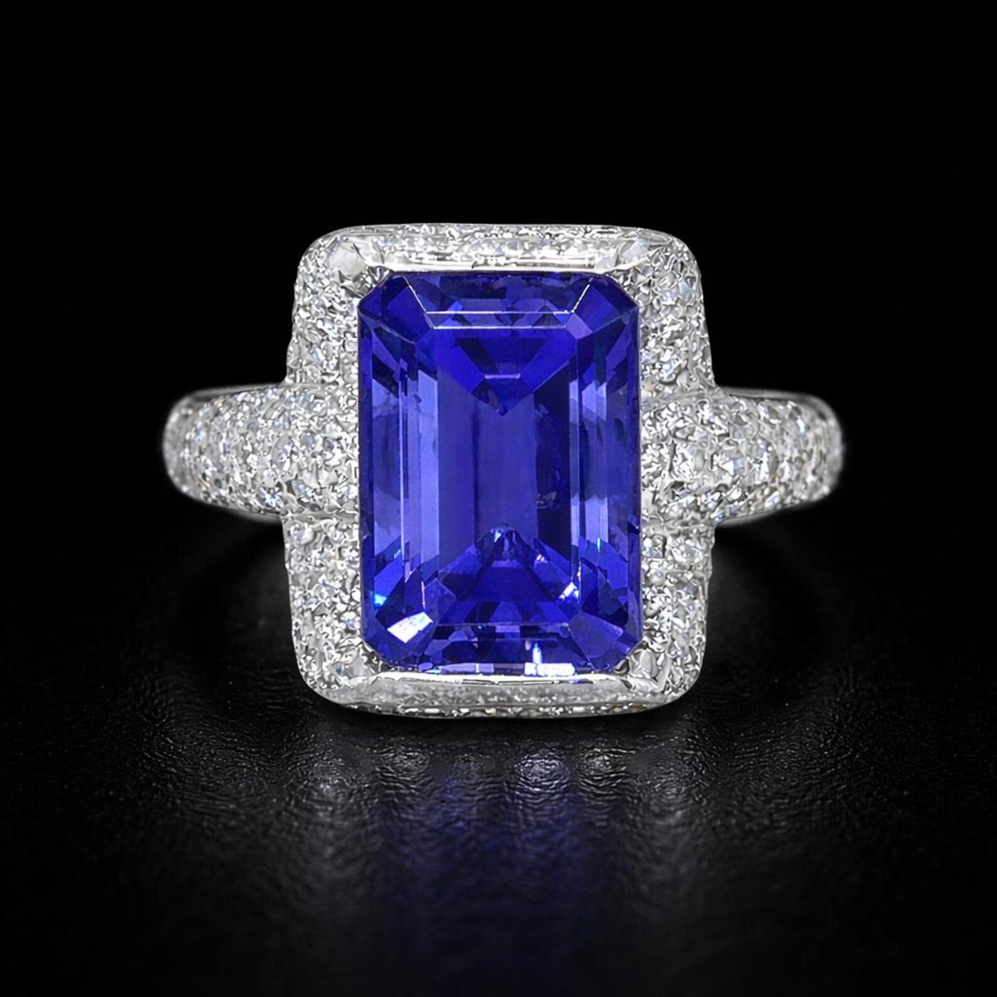 Natural Radiant Tanzanite and Diamond Halo Cocktail Platinum Ring