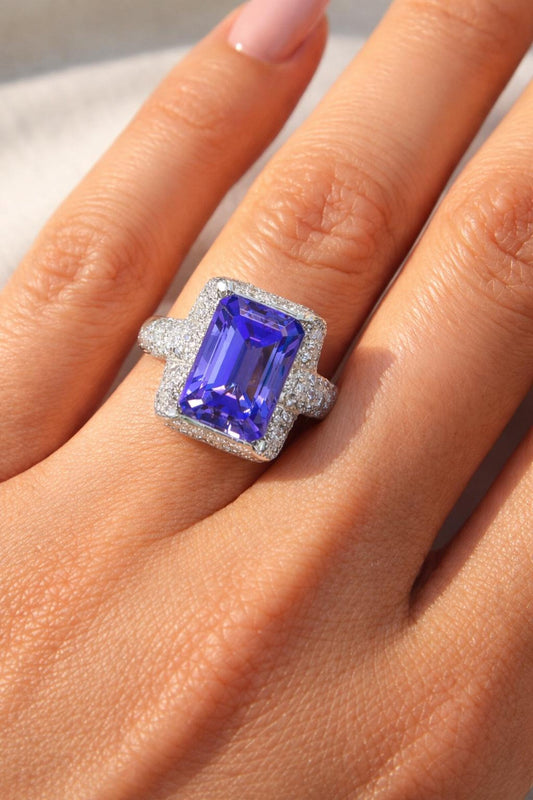 Natural Radiant Tanzanite and Diamond Halo Cocktail Platinum Ring