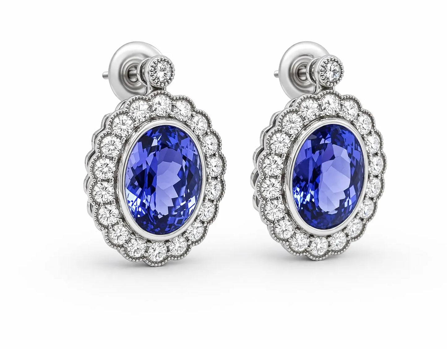 4.32 ct.tw. Natural Tanzanite and Diamond Halo Cocktail Earrings, in White Gold