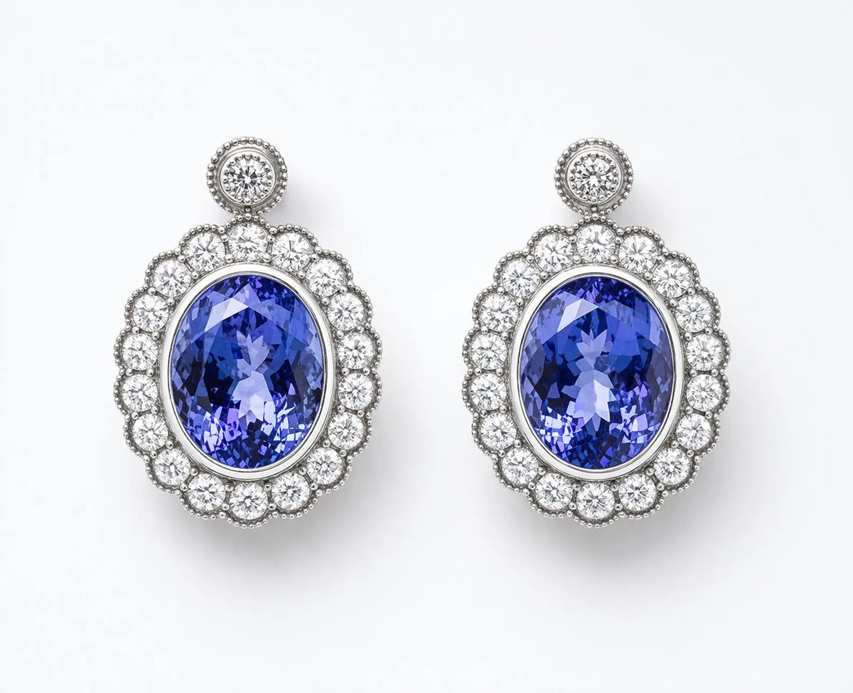 4.32 ct.tw. Natural Tanzanite and Diamond Halo Cocktail Earrings, in White Gold