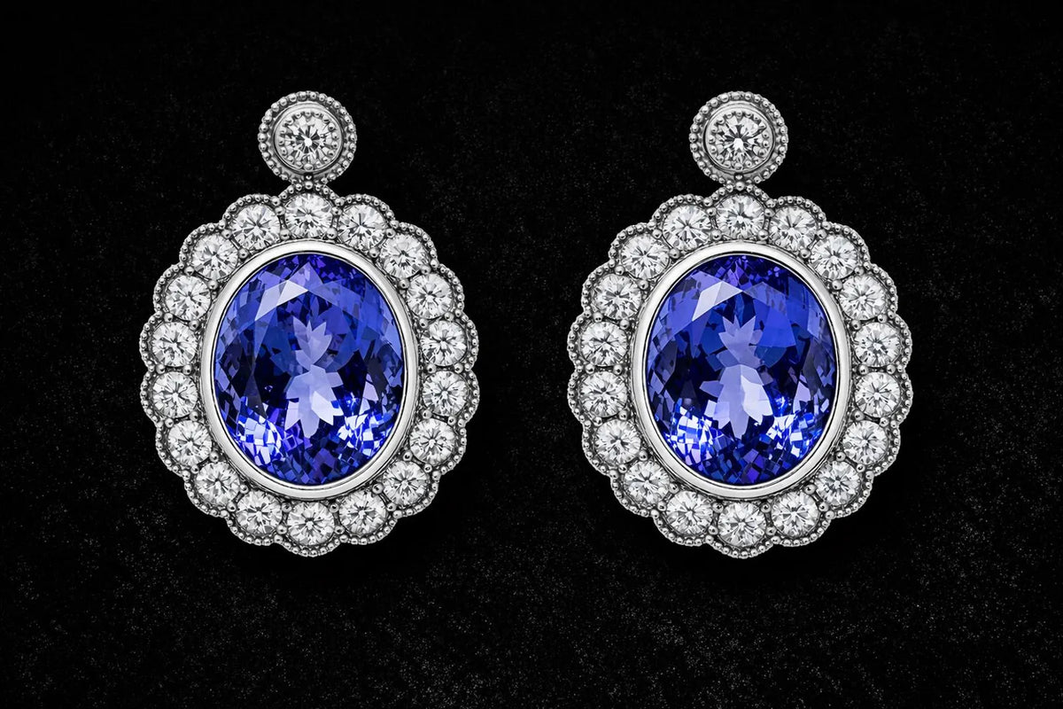 4.32 ct.tw. Natural Tanzanite and Diamond Halo Cocktail Earrings, in White Gold