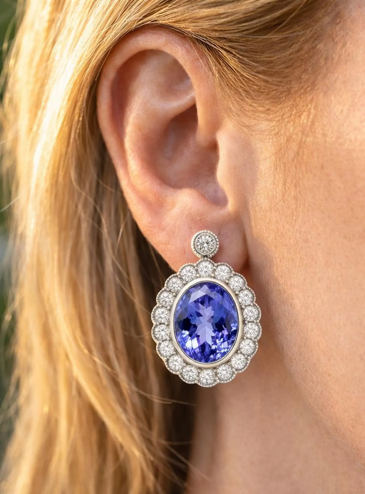 4.32 ct.tw. Natural Tanzanite and Diamond Halo Cocktail Earrings, in White Gold