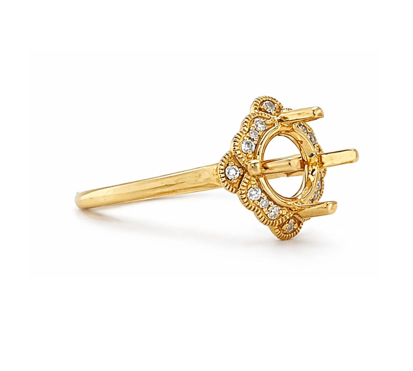 Semi-Mount with Natural Round Diamond Halo Art Deco Cocktail Ring, in Yellow Gold