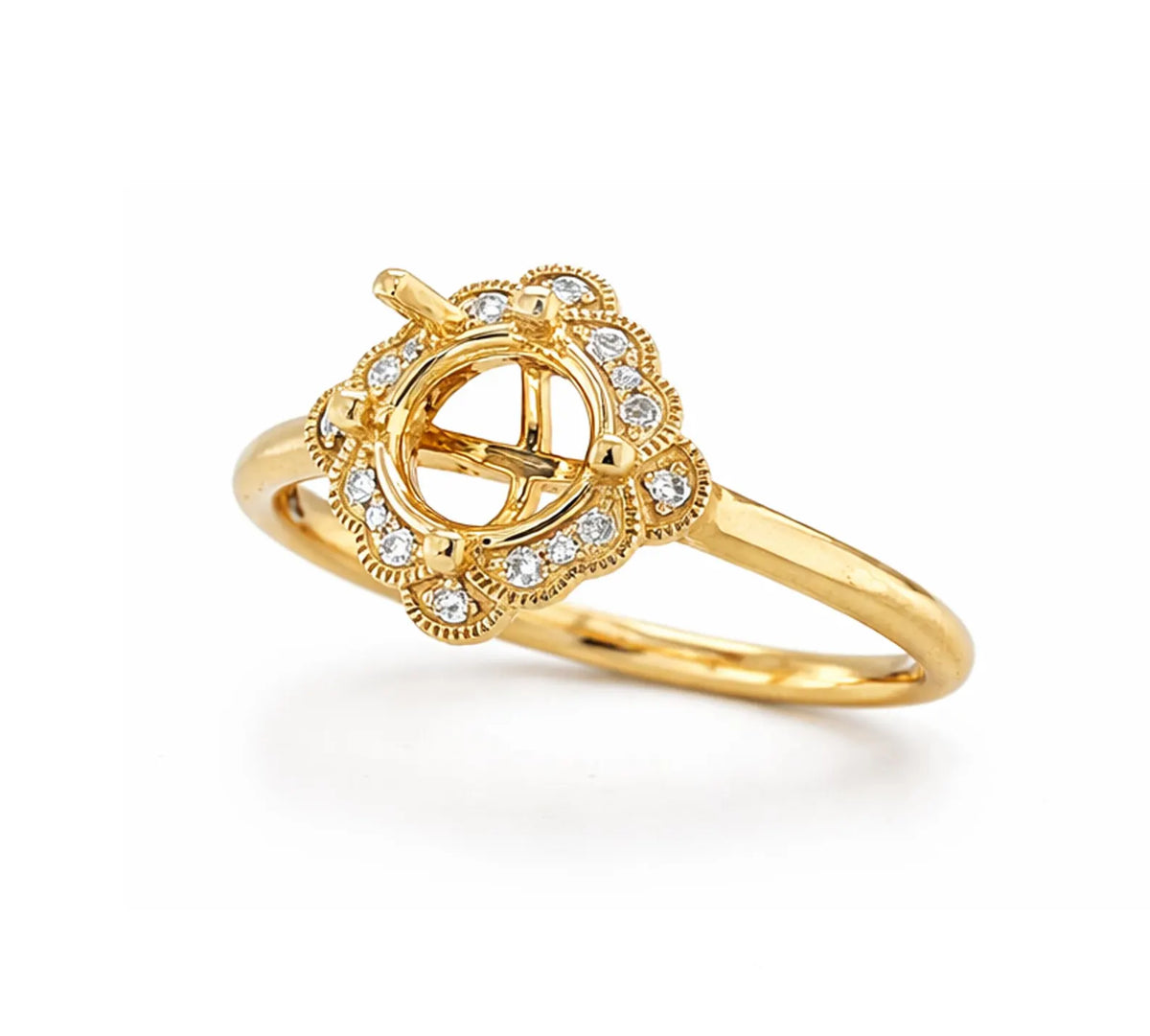 Semi-Mount with Natural Round Diamond Halo Art Deco Cocktail Ring, in Yellow Gold