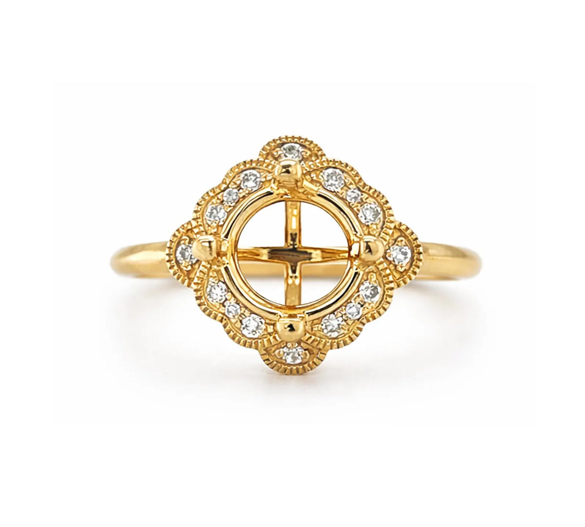 Semi-Mount with Natural Round Diamond Halo Art Deco Cocktail Ring, in Yellow Gold