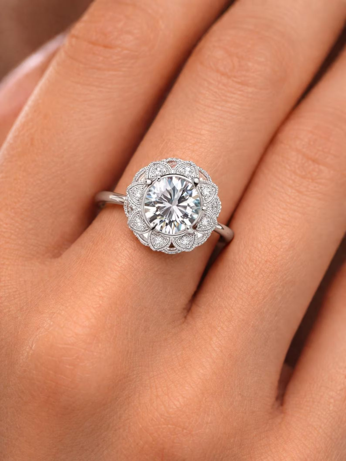 Semi-Mount Fits 7.5 mm with Natural Round Diamond Art Deco Halo Ring, in White Gold