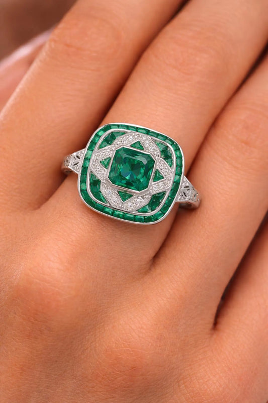 Natural Emerald Diamond Cocktail Art Deco Ring, in White Gold