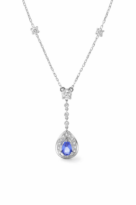 Natural Pear Shaped Tanzanite Diamond Halo Cocktail Necklace Pendant White Gold