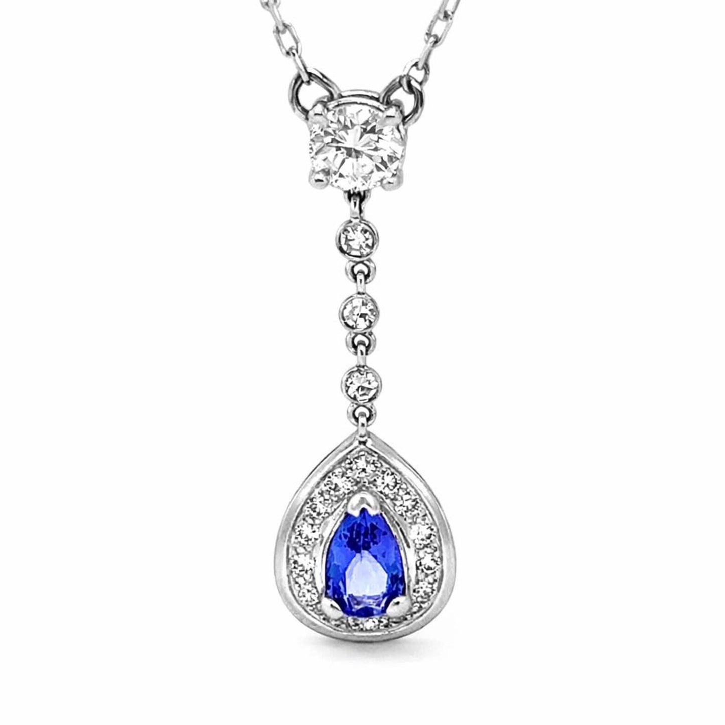 Natural Pear Shaped Tanzanite Diamond Halo Cocktail Necklace Pendant White Gold