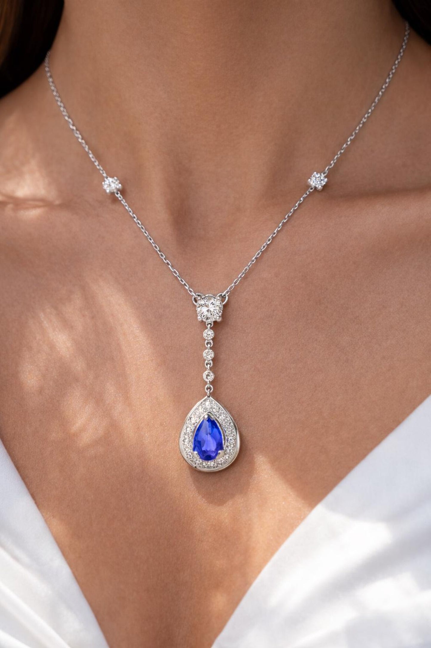 Natural Pear Shaped Tanzanite Diamond Halo Cocktail Necklace Pendant White Gold