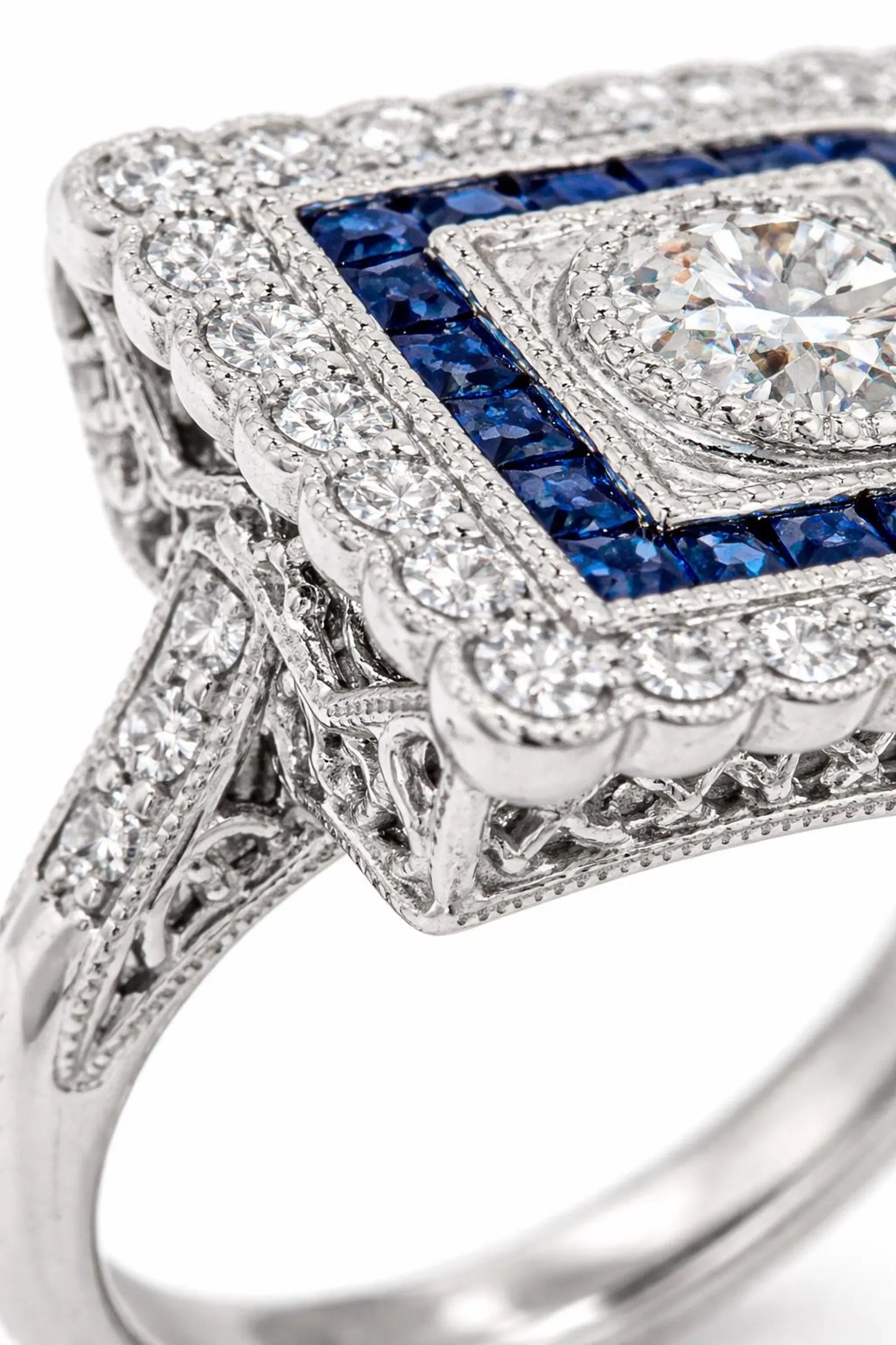 Natural Diamond and Blue Sapphire Halo Art Deco Bridal Ring, in White Gold