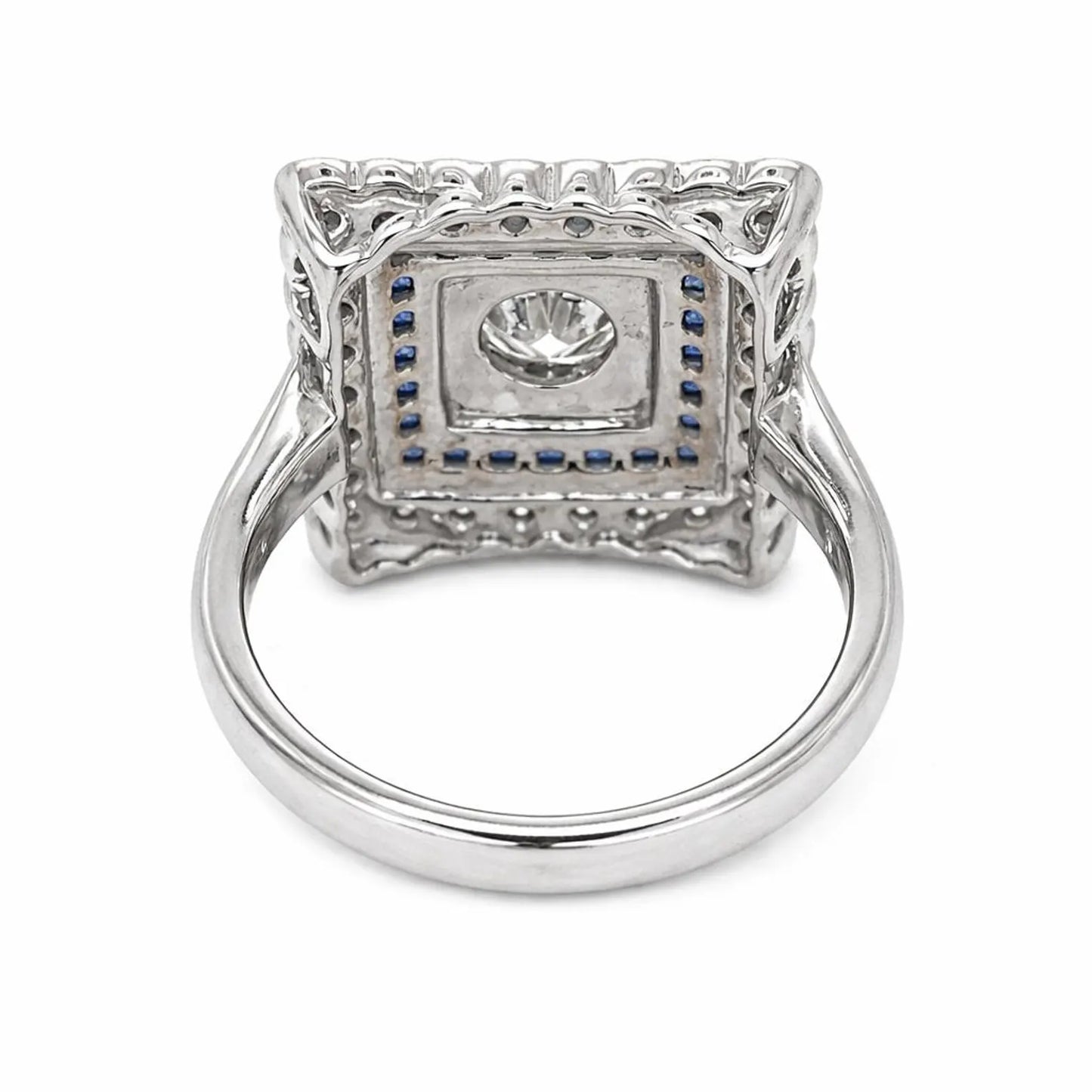 Natural Diamond and Blue Sapphire Halo Art Deco Bridal Ring, in White Gold