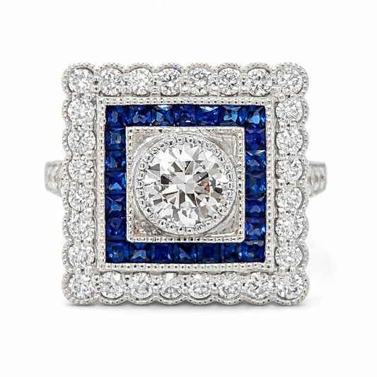 Natural Diamond and Blue Sapphire Halo Art Deco Bridal Ring, in White Gold