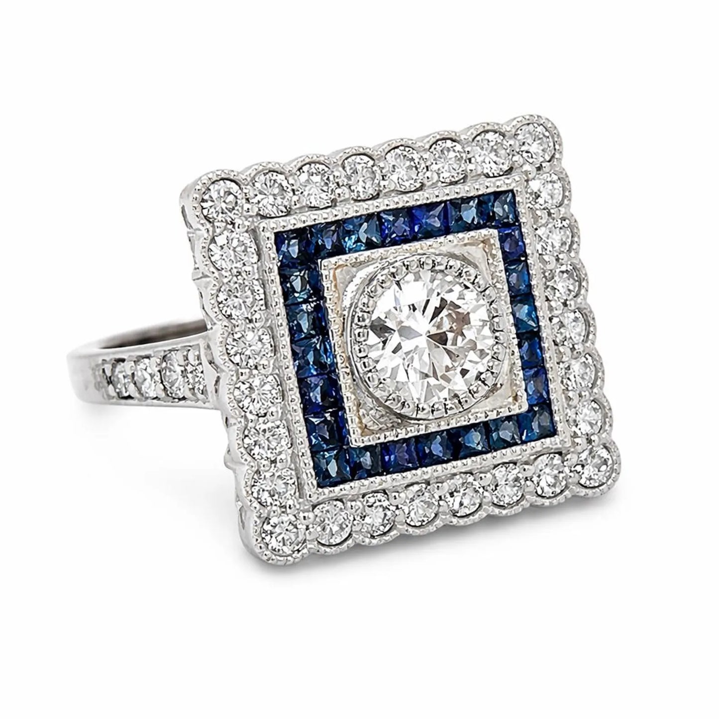 Natural Diamond and Blue Sapphire Halo Art Deco Bridal Ring, in White Gold