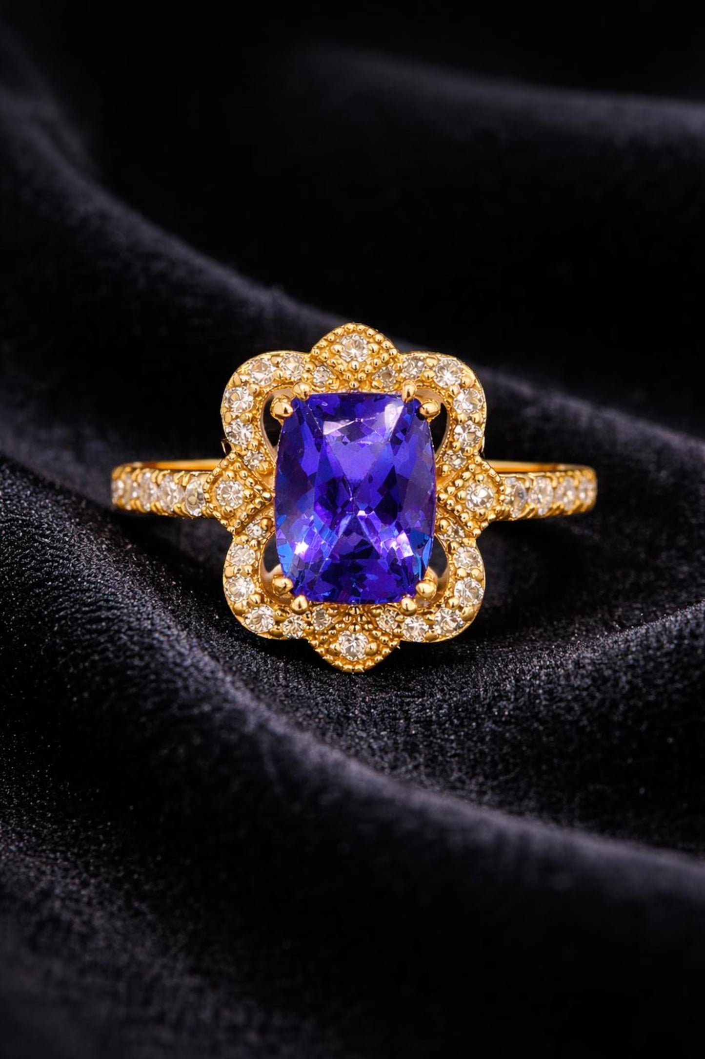 Natural Tanzanite and Diamond Cocktail Ring, in Yellow Gold