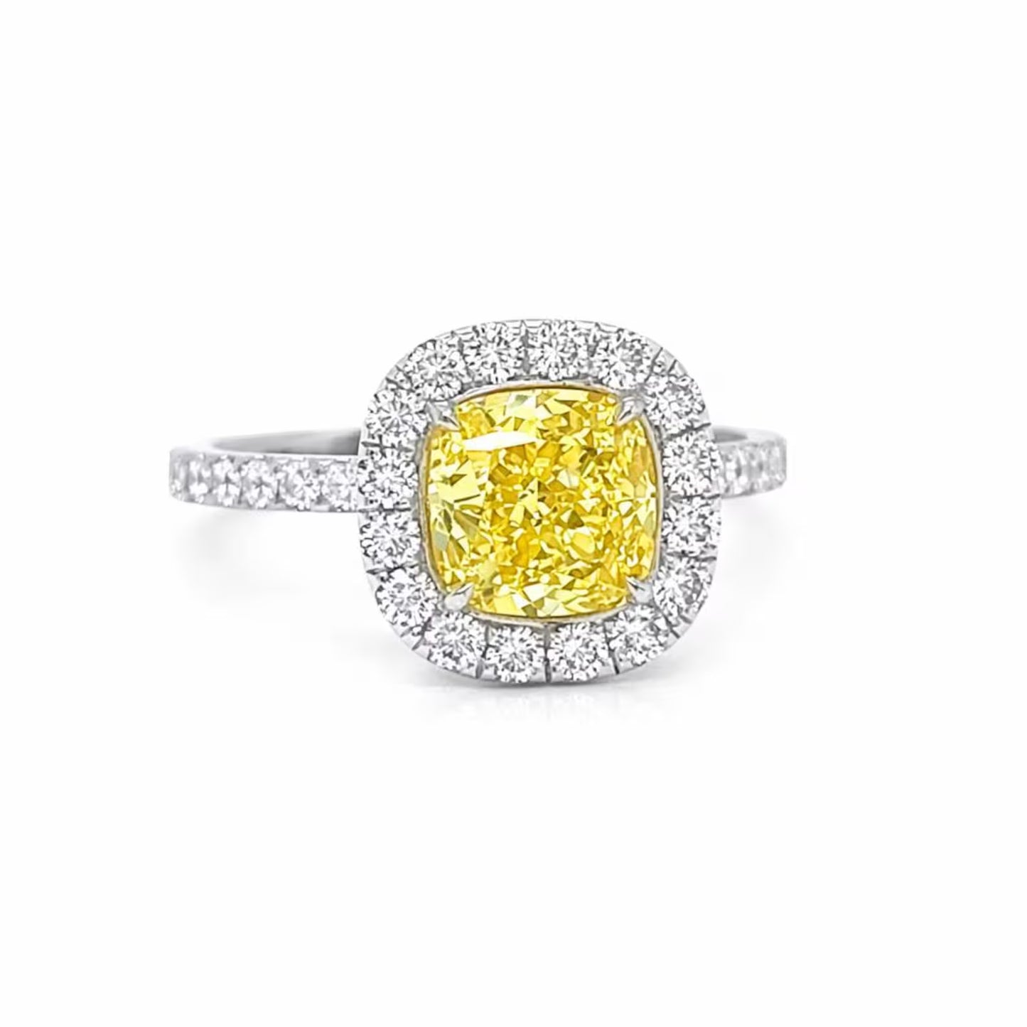 Natural Cushion Cut Fancy Yellow Diamond Halo Ring, in White Gold